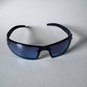 Vintage Giorgio Armani Retro Unisex Black Shield Sunglasses with Blue Gradient L